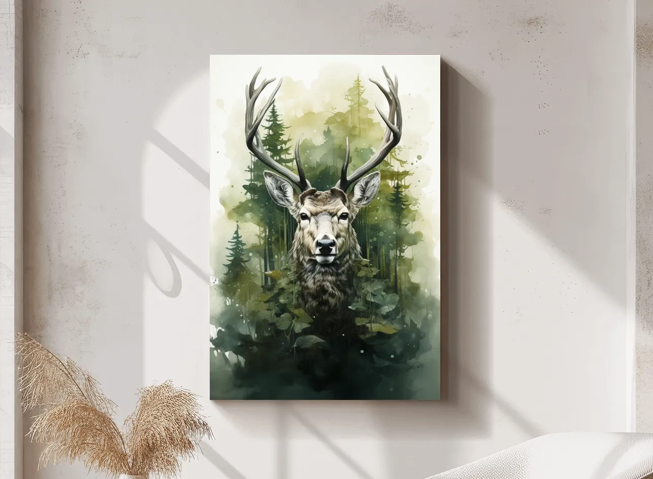Watercolor Deer Portrait In Misty Pine Forest - Woodland Wildlife Wall Art