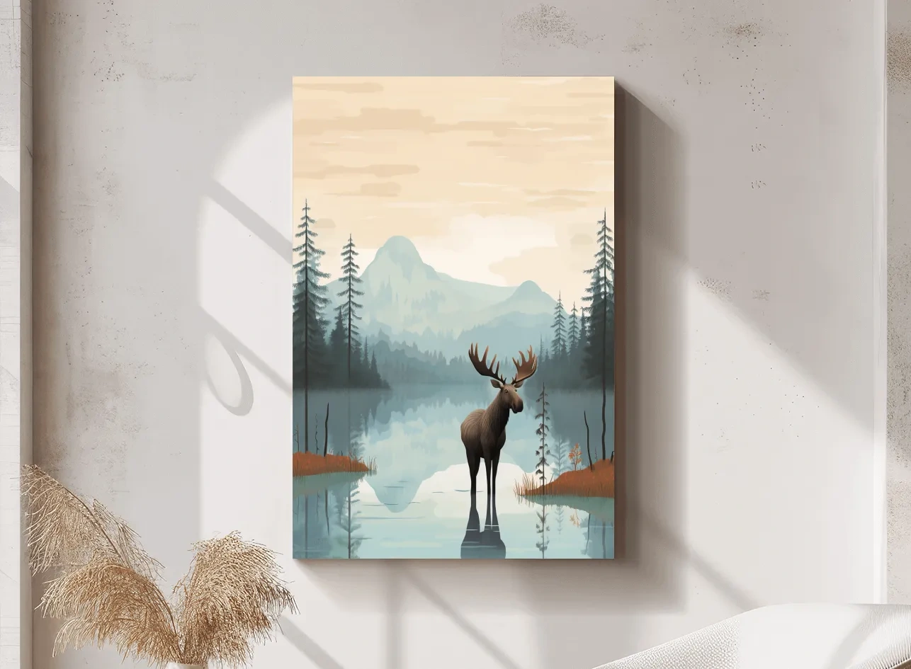 Moose Mountain Lake Illustration - Nursery Forest Mountain Wall Art
