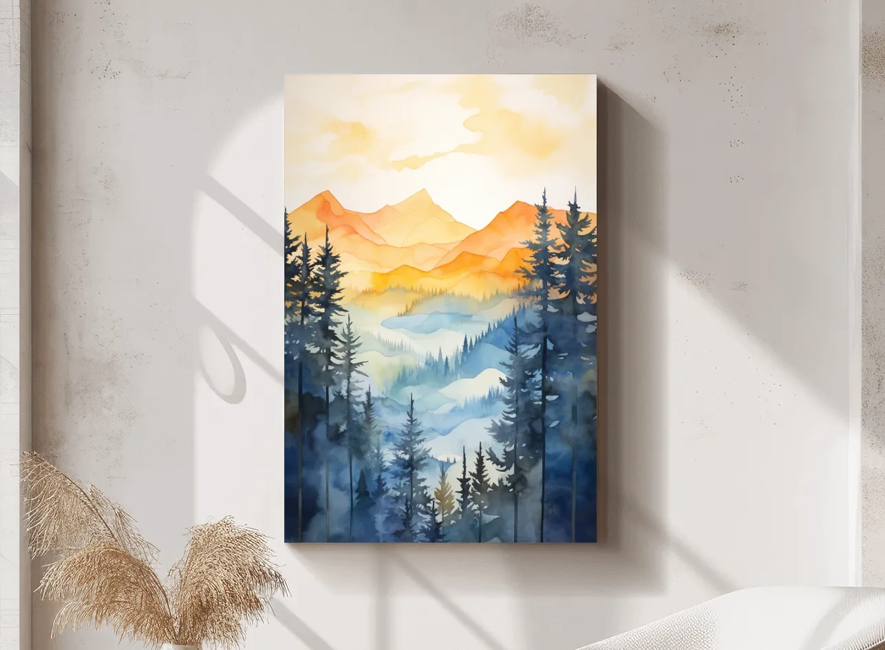 Golden Watercolor Mountain Sunrise Painting - Misty Alpine Forest Artwork