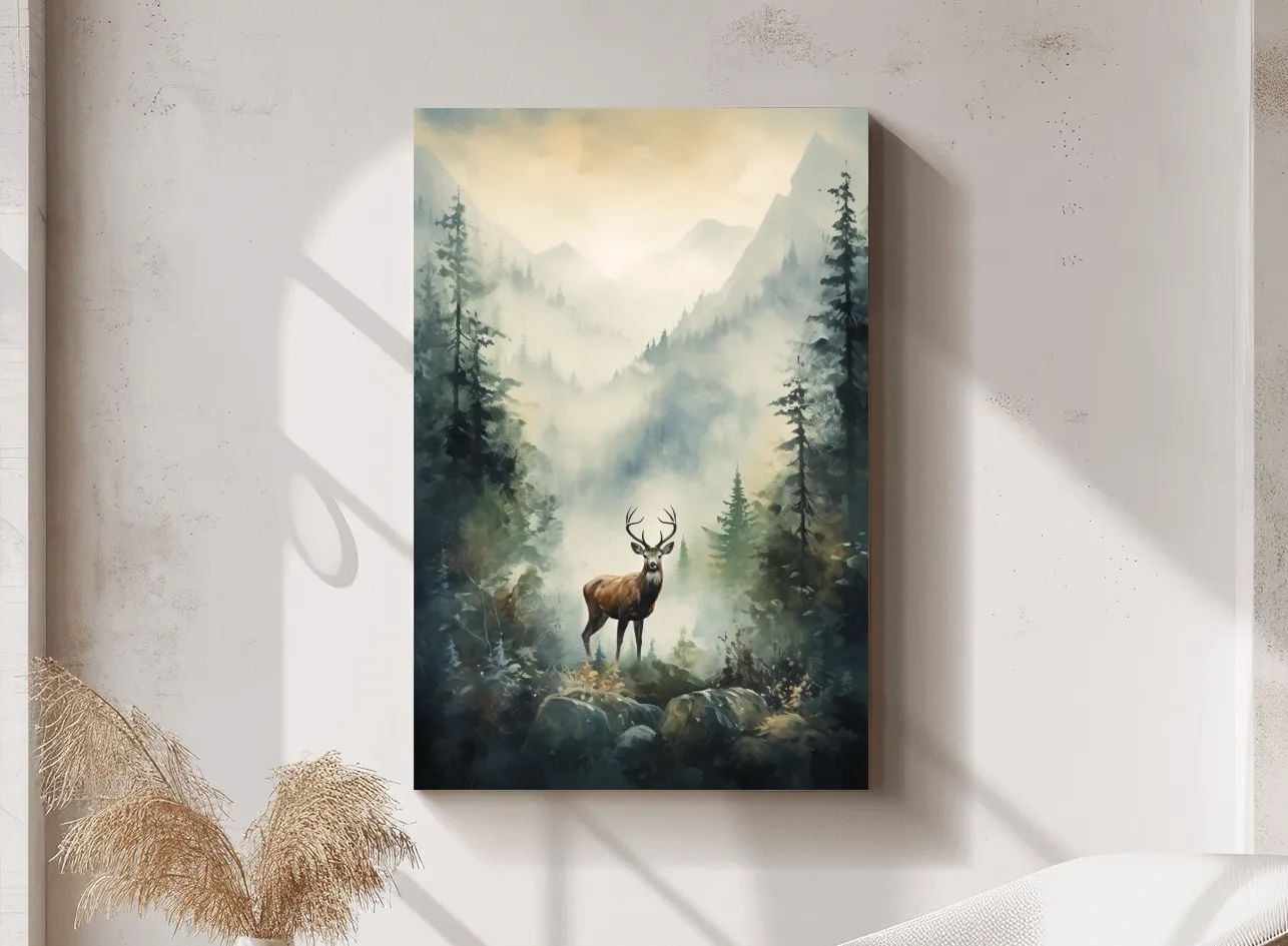 Misty Alpine Forest Deer Painting - Atmospheric Mountain Wildlife Wall Art