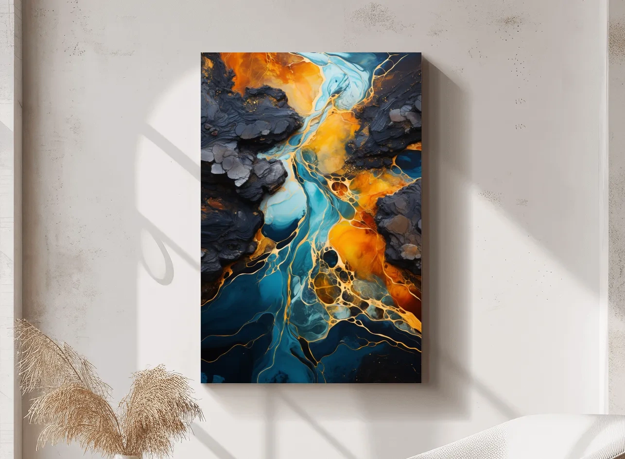 Elegant Gold And Teal Abstract Flowinf River - Alcohol Ink Style Wall Art