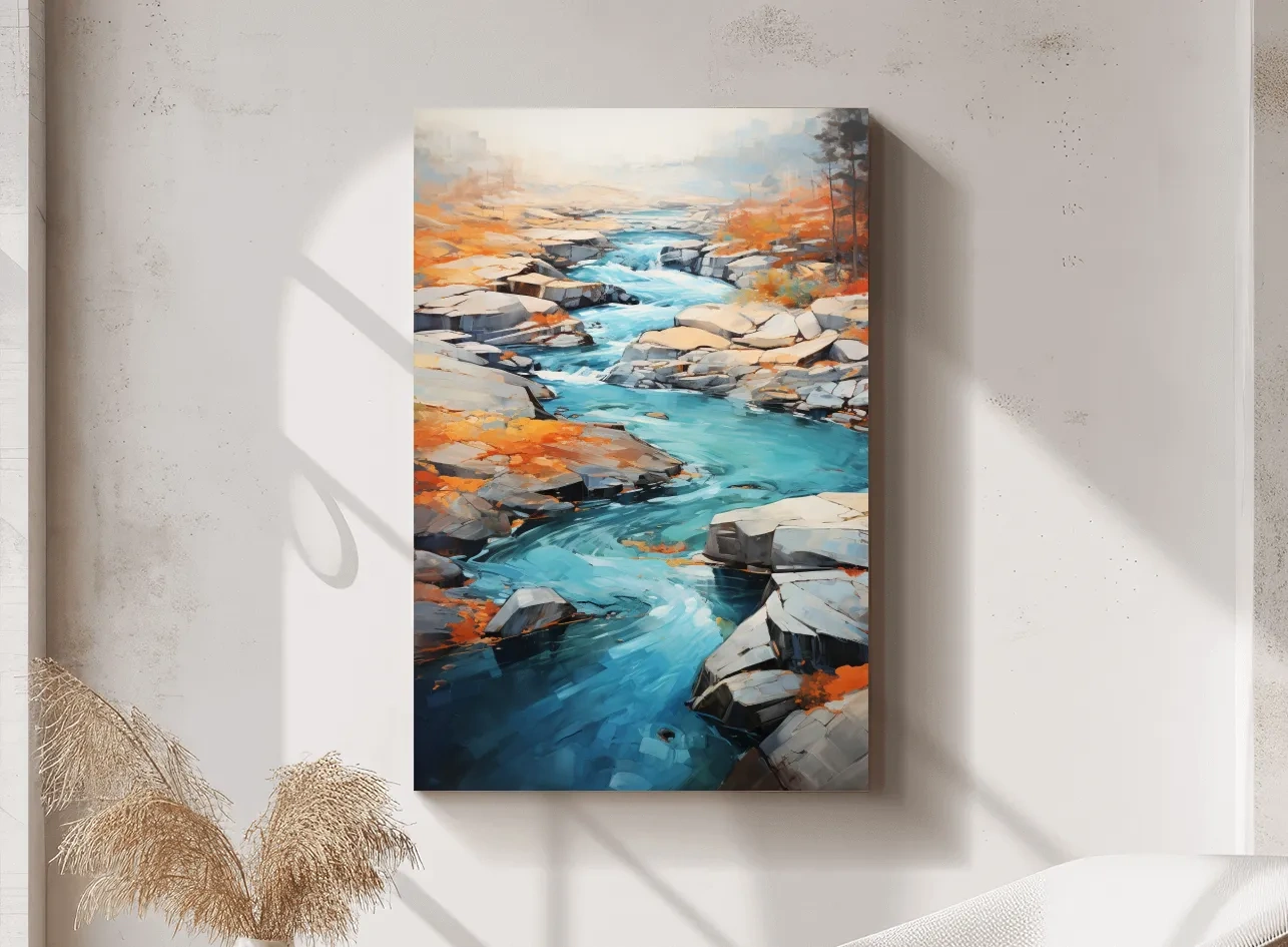 Vibrant Turquoise River Through Rocky Canyon - Modern Impressionist Landscape Wall Art
