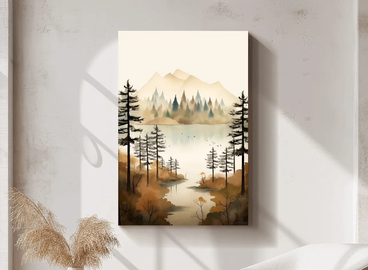 Misty Watercolor Mountain Lake Forest - Serene Alpine Wall Art