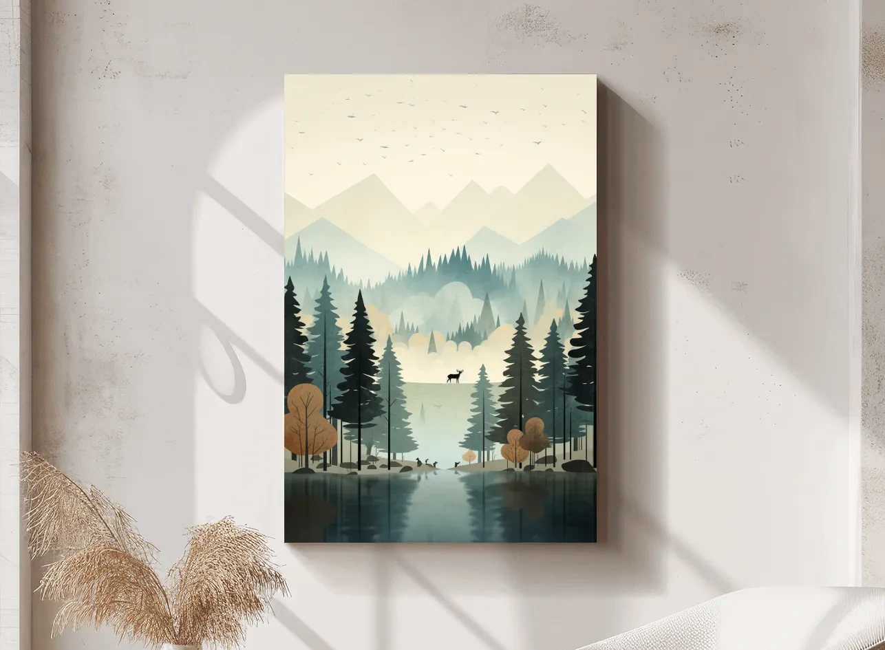 Alpine Lake Forest With Deer - Scandinavian Minimalist Wall Art