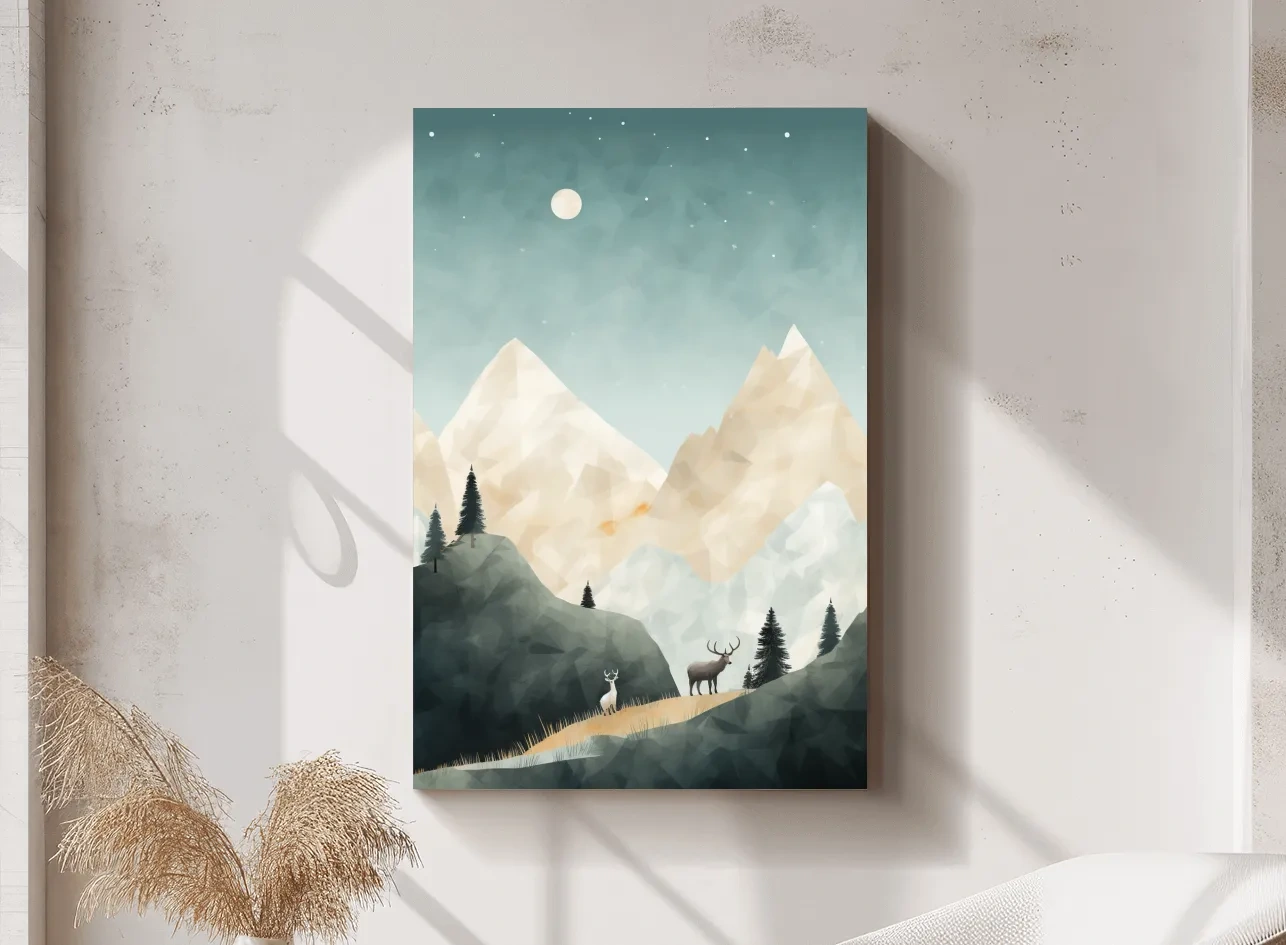 Mountain Deer Landscape Illustration - Minimalist Alpine Forest Wildlife Wall Art