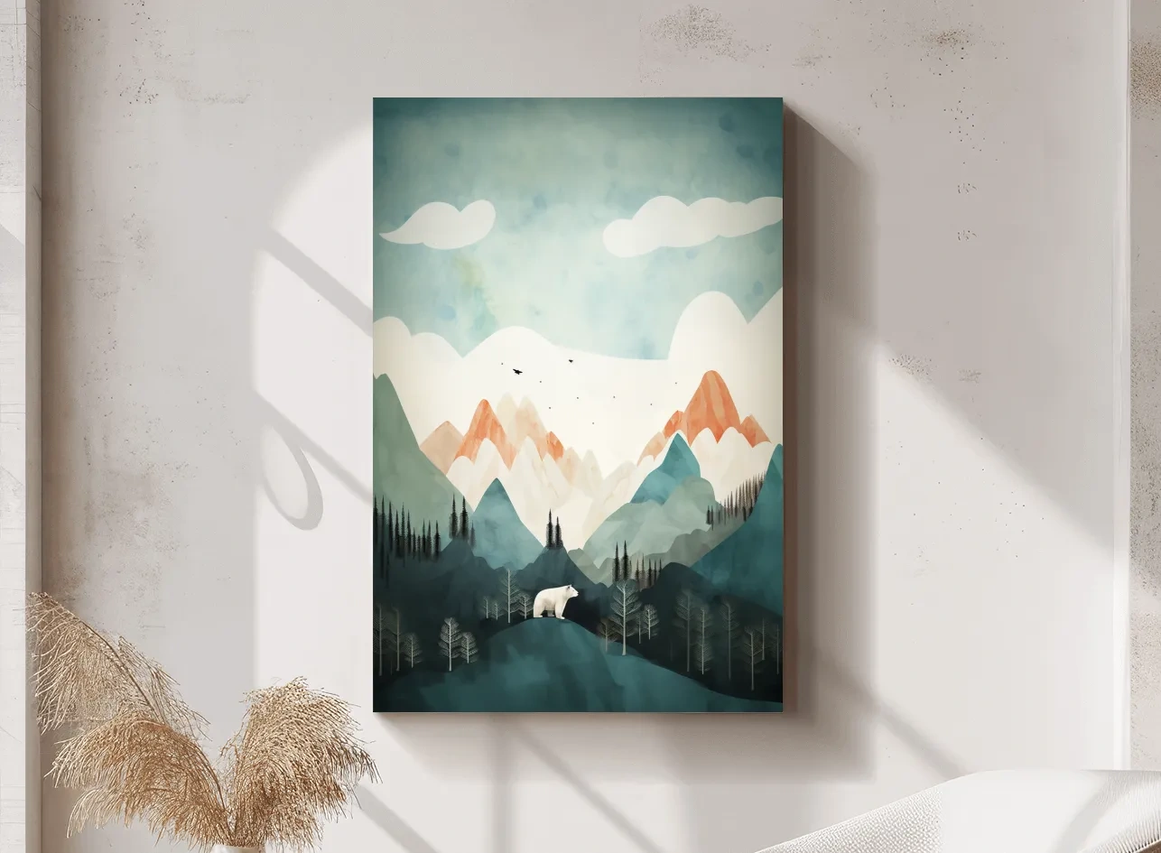 Whimsical Bear Alpine Mountain Landscape - Childrens Nursery Wall Art