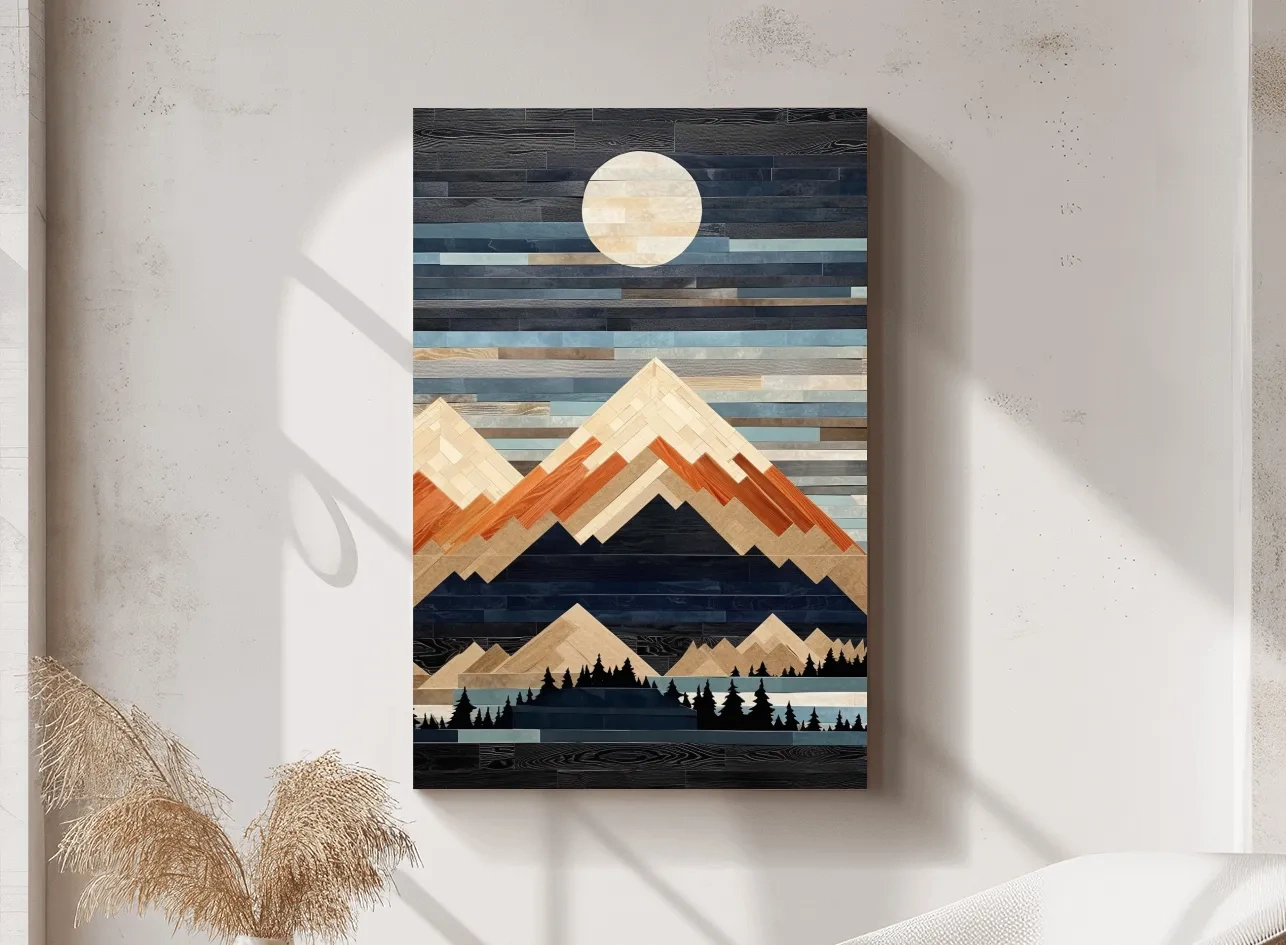 Geometric Wood Mosaic Mountain Range Under Full Moon - Modern Rustic Landscape Wall Art
