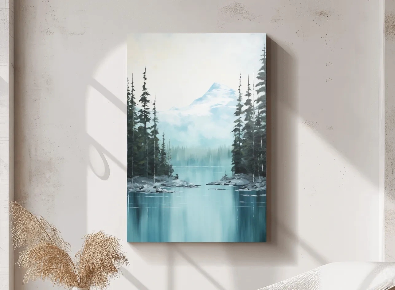 Turquoise Alpine Lake & Pine Forest Watercolor - Serene Mountain Landscape Wall Art