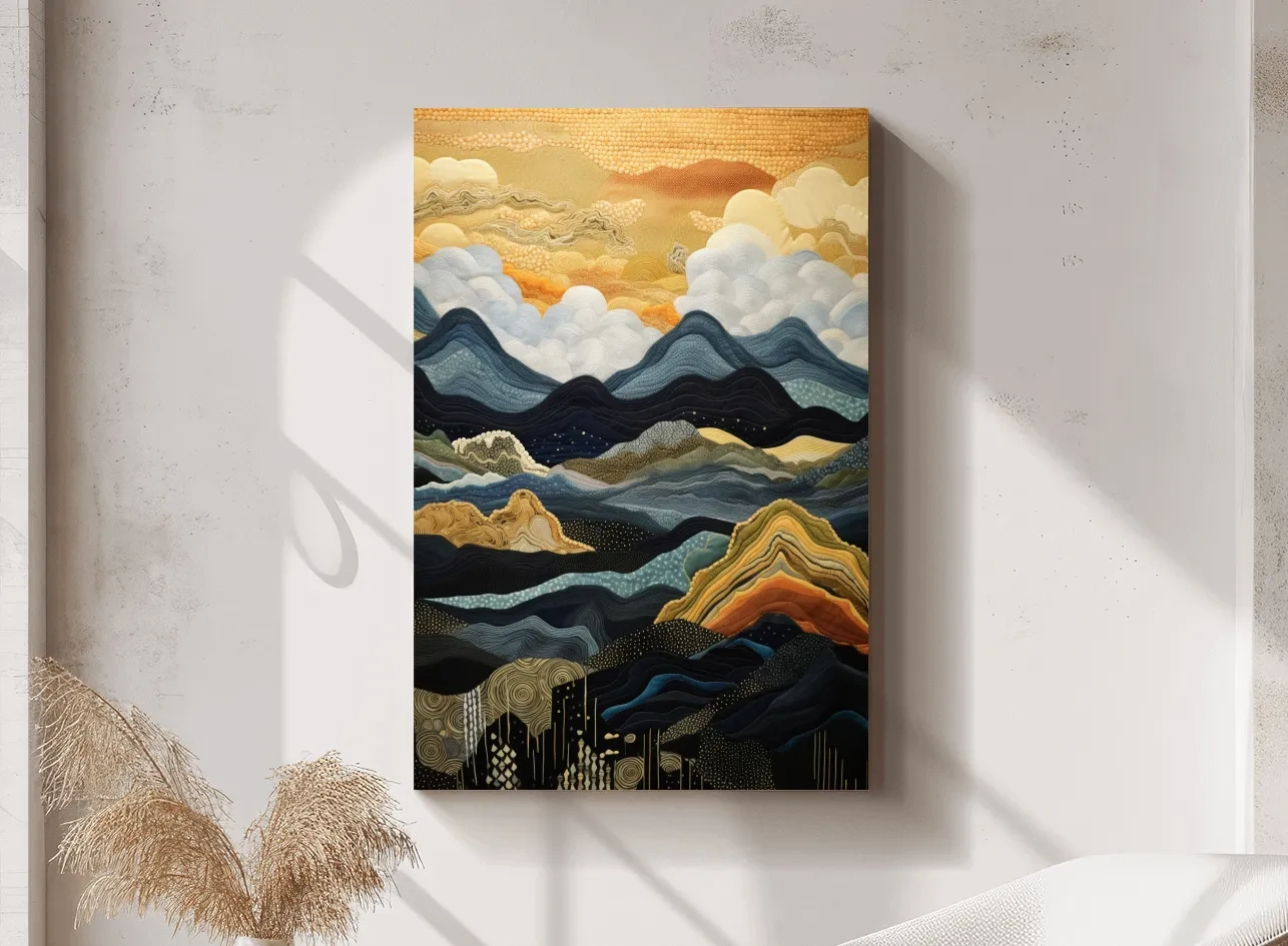 Layered Tapestry Mountain Range Sunrise - Abstract Mixed Media Landscape Wall Art