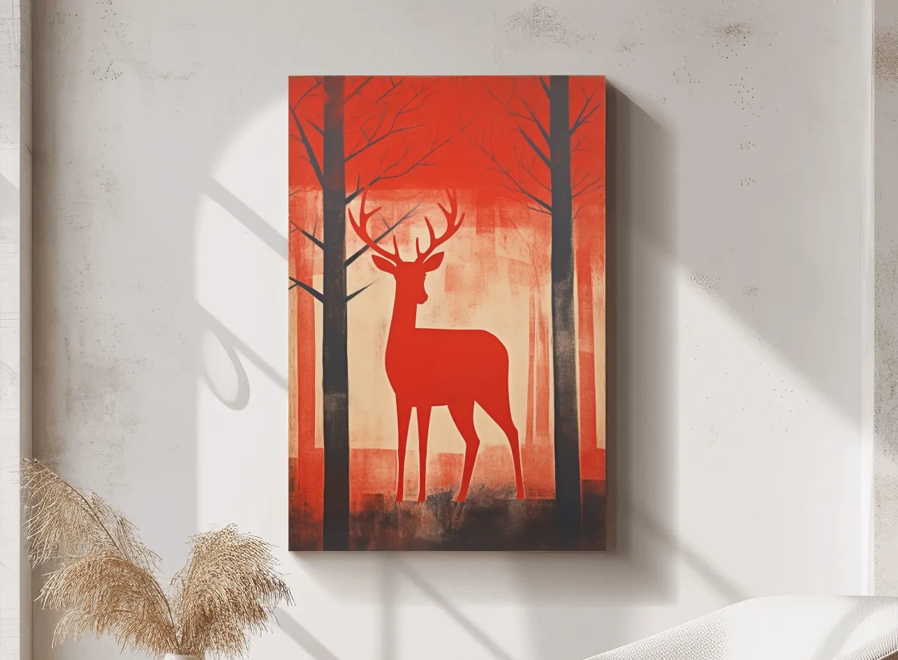 Rustic silhouette painting of a deer in the forest