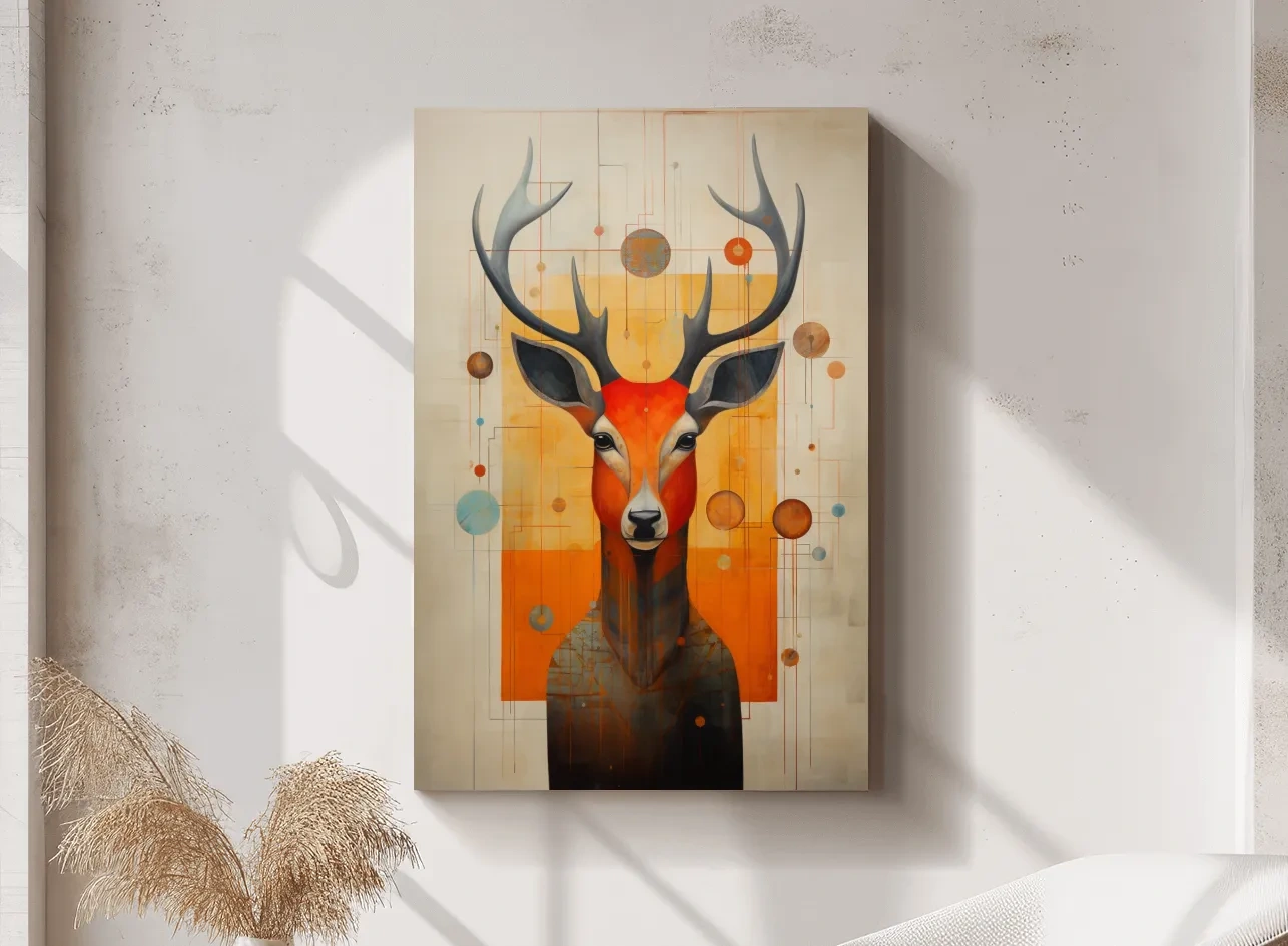 Mid Century Abstract Stag Portrait Painting - Quirky Wildlife Wall Art