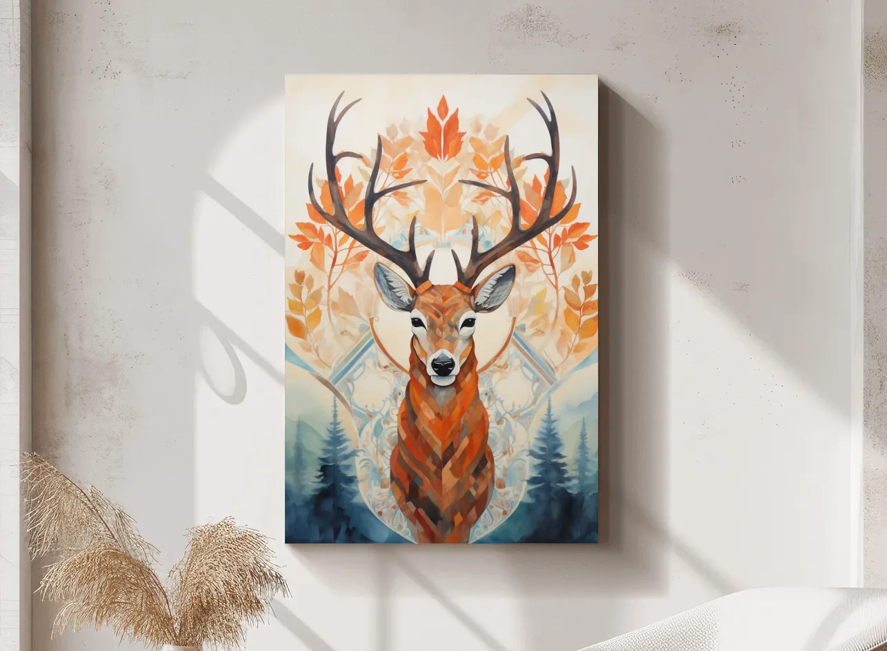 Ornate Stag Deer Watercolor Portrait - Autumn Woodland Wildlife Wall Art
