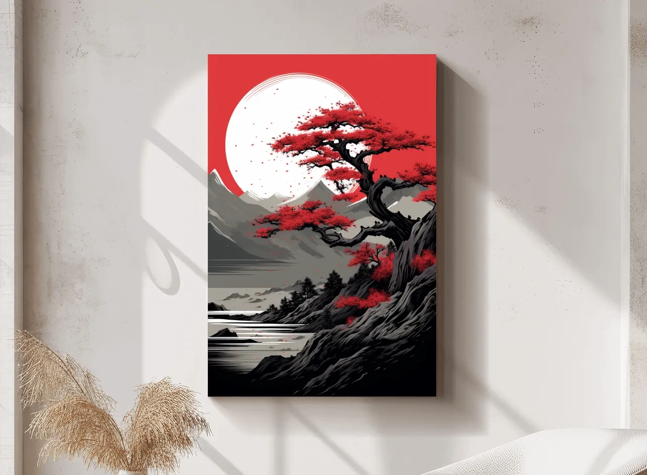 Japanese Ink Landscape With Bonsai Tree - Zen Mountain Wall Art