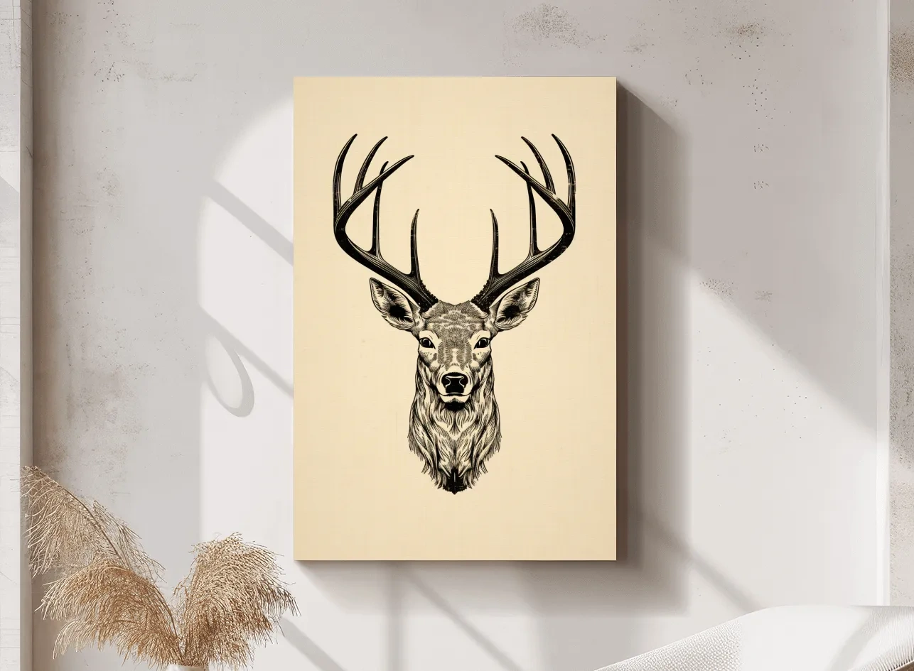 Vintage Deer Head Line Drawing Artwork - Minimalist Wildlife Tattoo Wall Art
