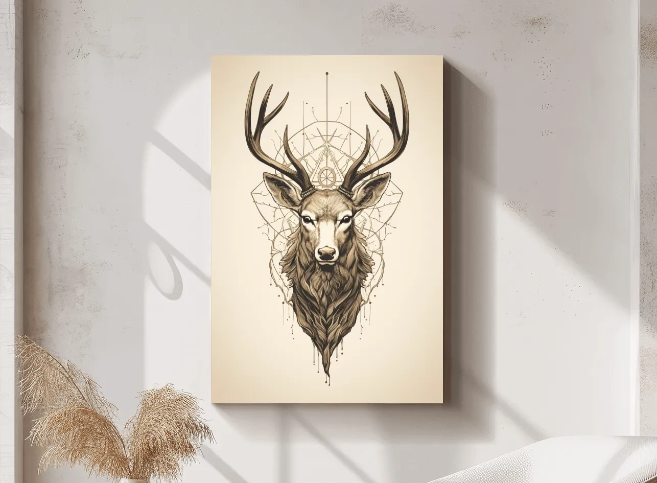 Ornate Stag Head Line Art - Minimalist Tattoo Style Wildlife Wall Art