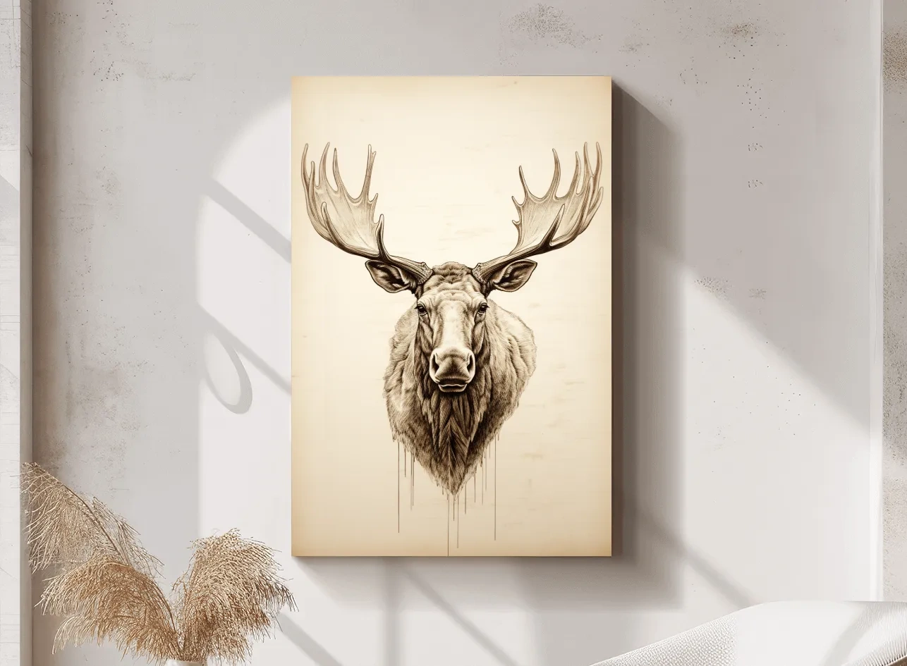 Vintage style portrait drawing of a moose