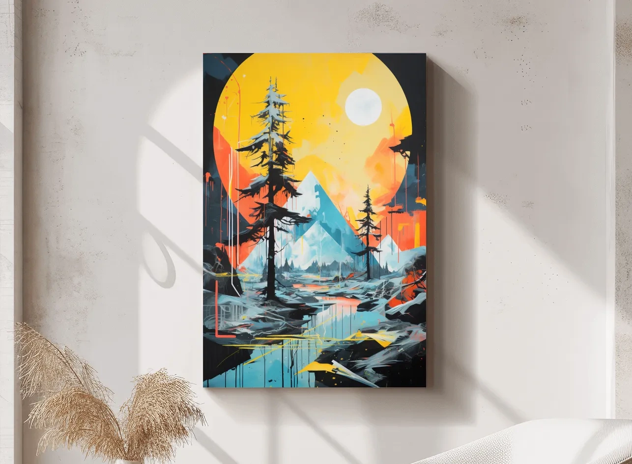 Vibrant Abstract Mountain Lake Sunset Painting - Modern Geometric Pine Forest Wall Art