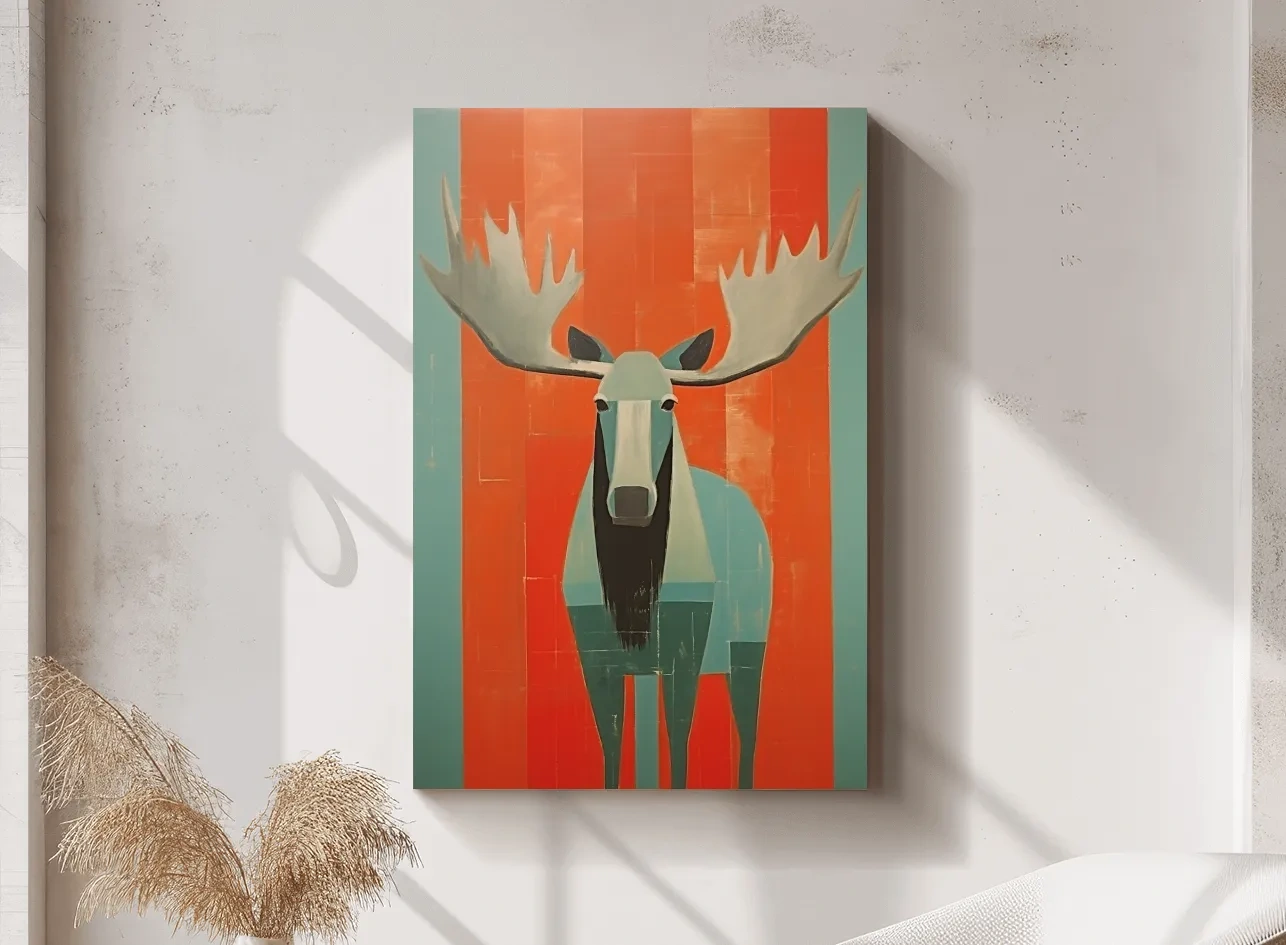 Mid Century Modern Rustic Moose Portrait Painting -  Wildlife Wall Art