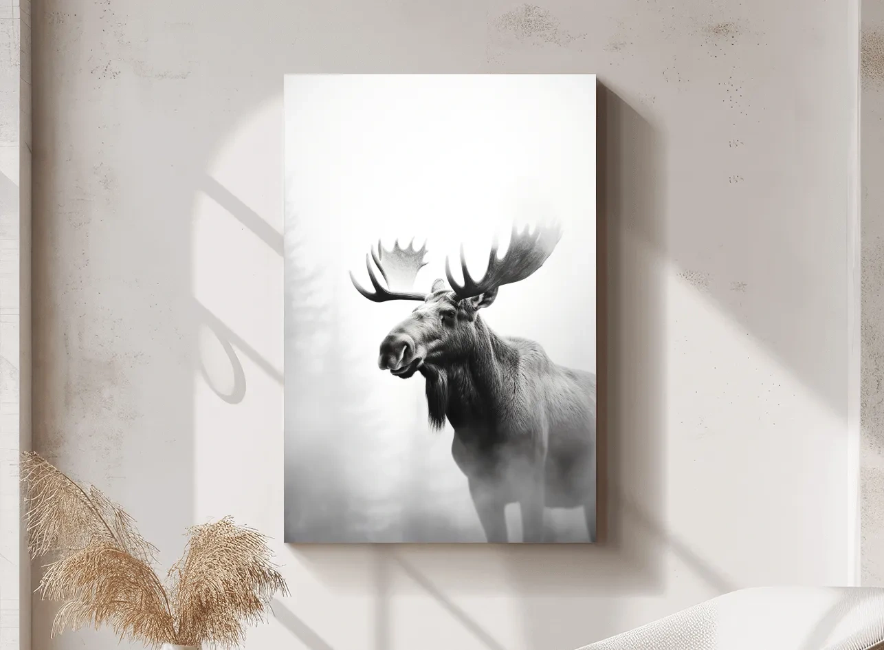 Moody Black And White Moose Portrait - Misty Wildlife Photography Artwork
