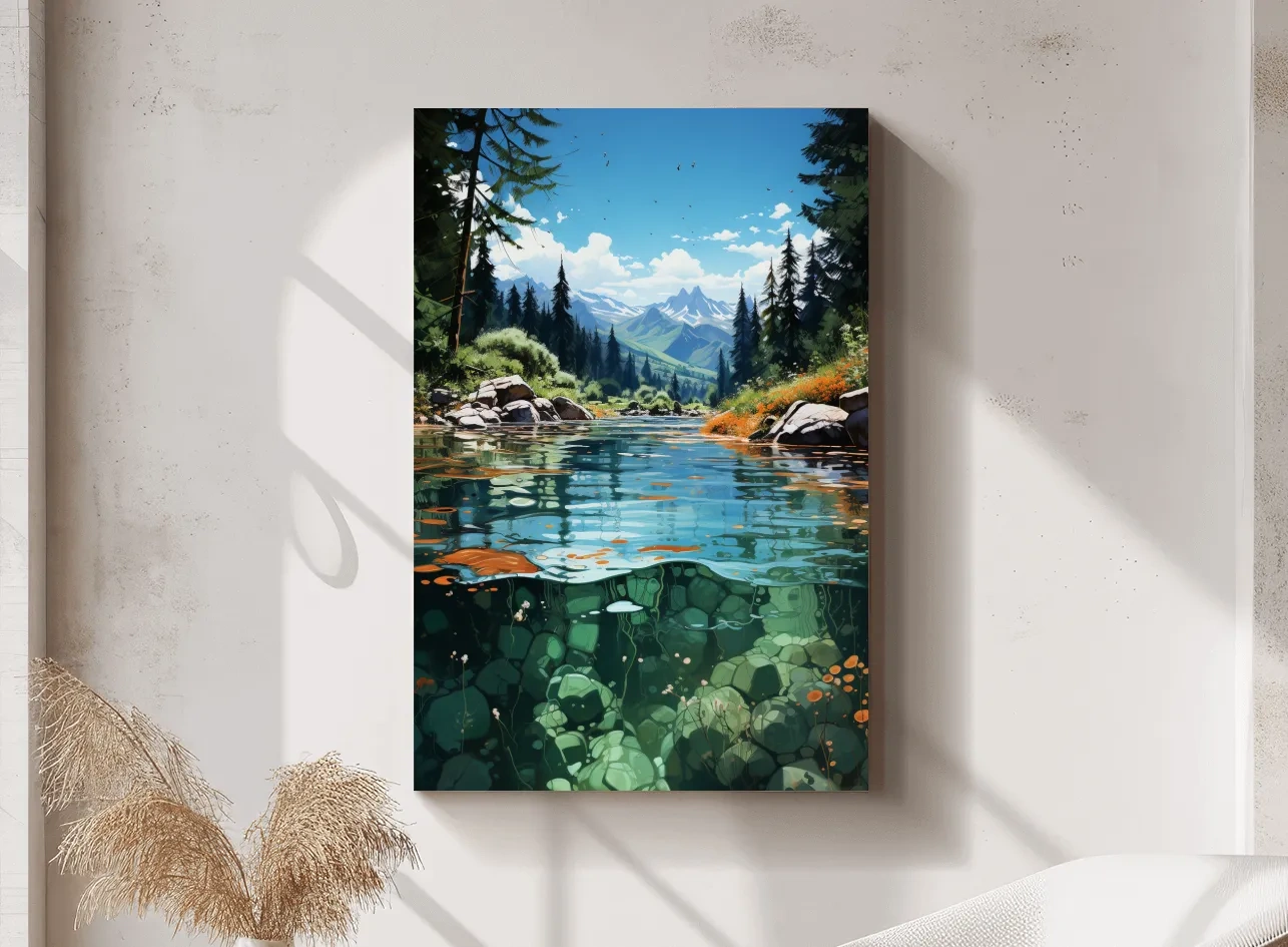 Crystal Clear Alpine River Landscape Illustration - Vibrant Mountain Forest Artwork