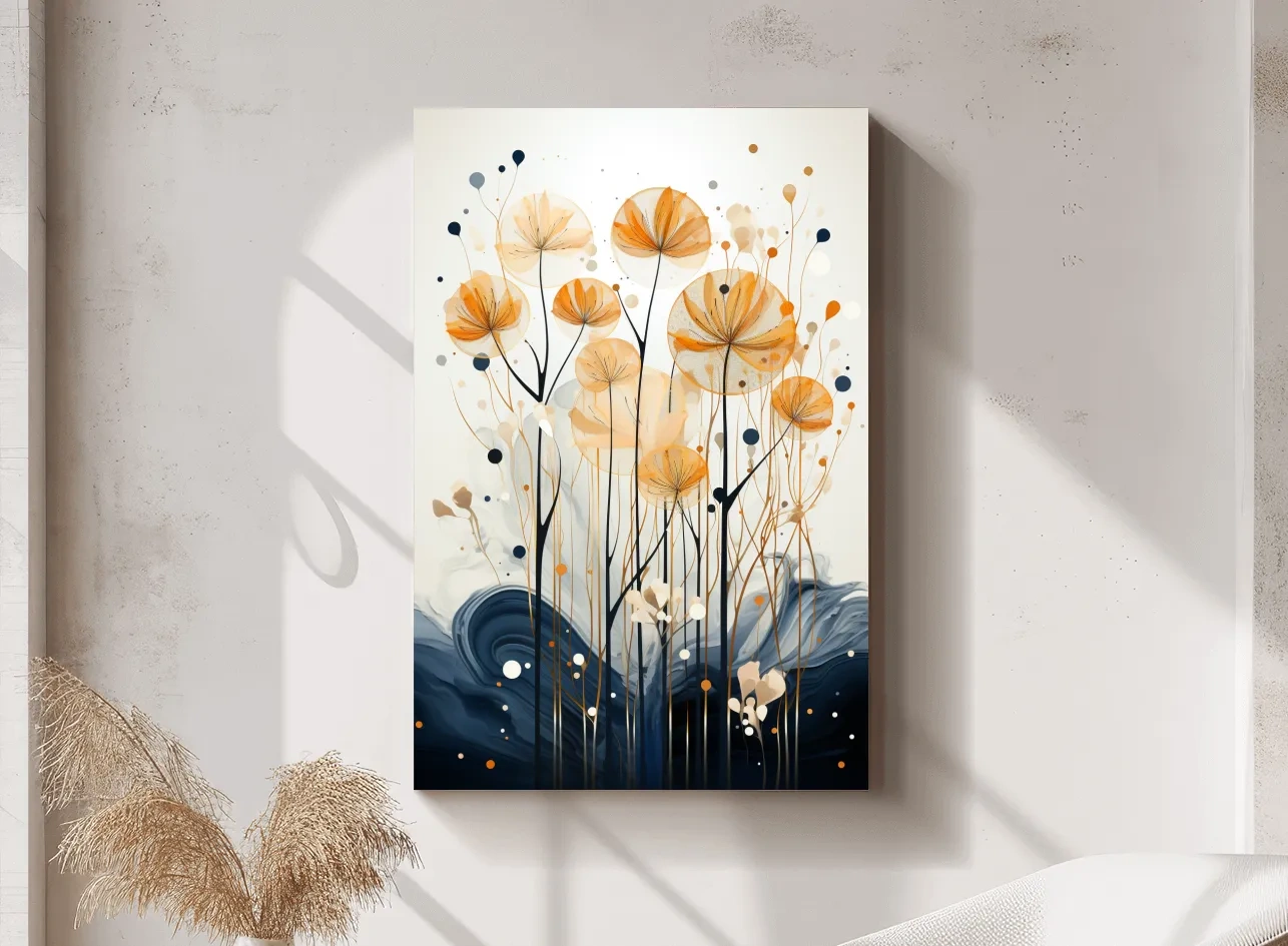 Abstract Golden Wildflower Ink Wash - Botanical Boho Wall Art