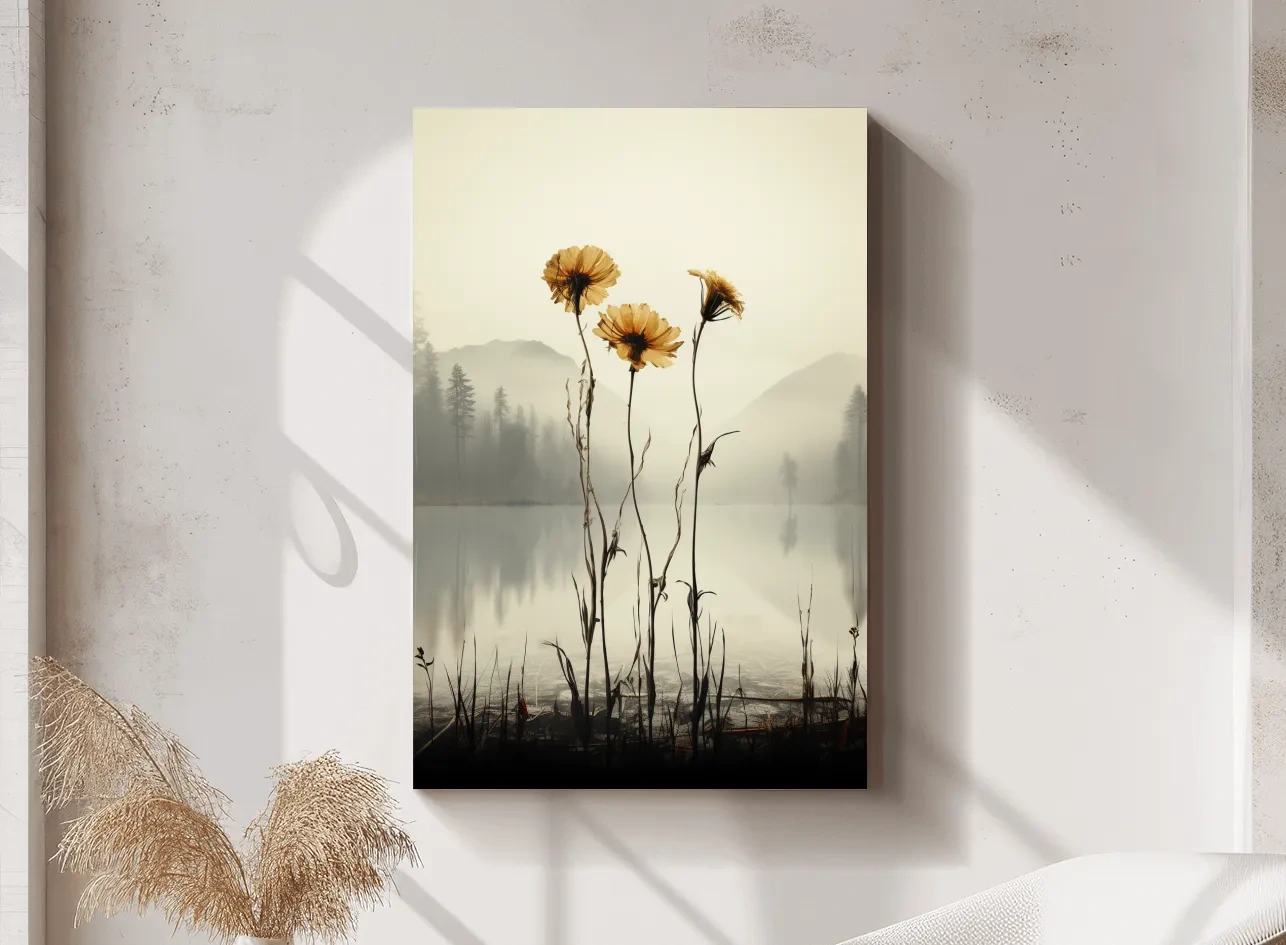 Wildflower Misty Lake Landscape - Minimalist Botanical Wall Art