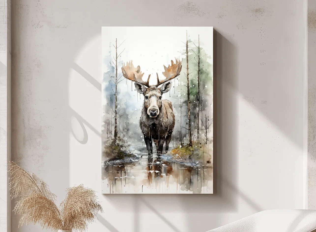 Watercolor painting of a moose in a forest lake