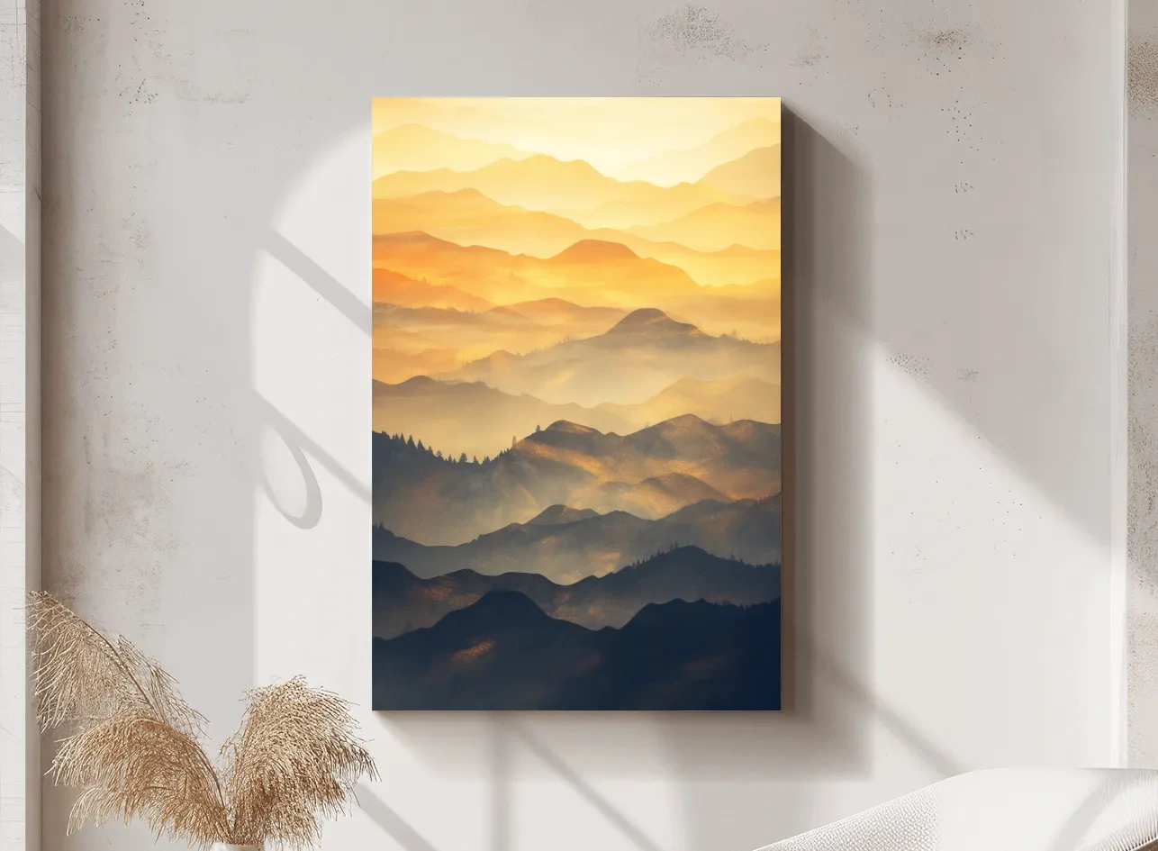 Golden Misty Mountain Ranges Landscape - Serene Layered Sunrise Artwork