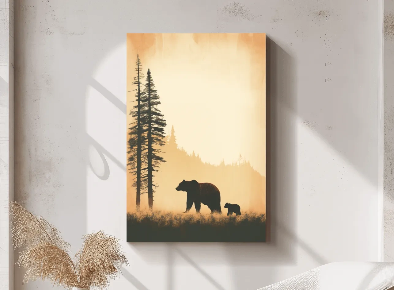 Grizzly Bear And Cub Silhouettes - Misty Forest Minimalist Wall Art