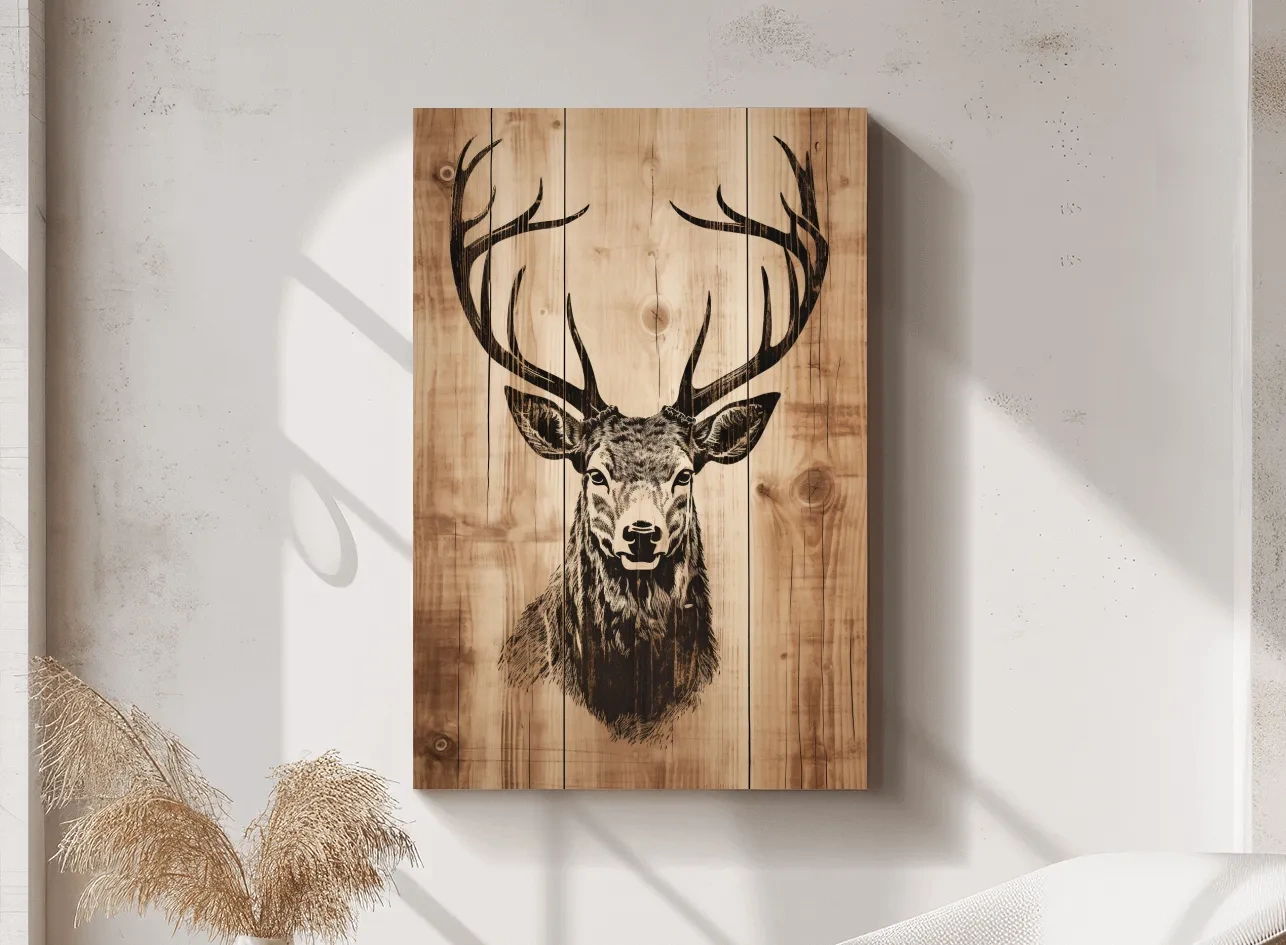 Rustic Deer Head Woodburn Style Portrait - Lodge Cabin Wildlife Wall Art