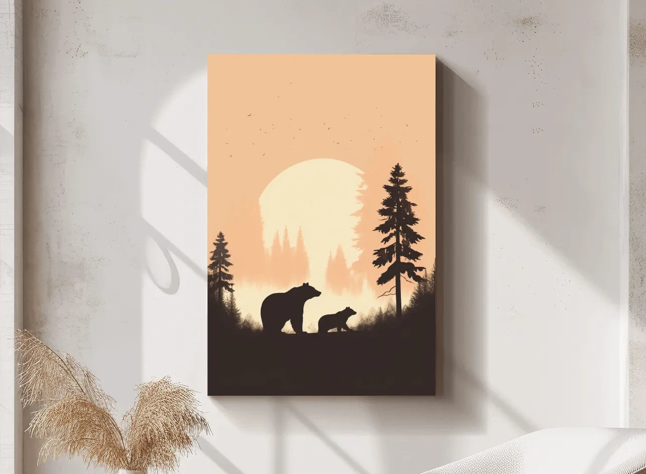 Momma Bear & Cub Silhouettes At Sunset - Minimalist Forest Wildlife Wall Art