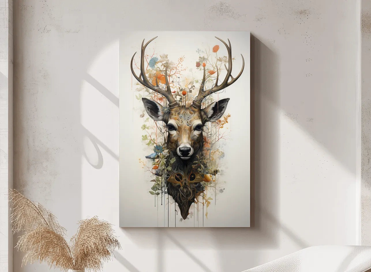 Ornate Floral Deer Head Illustration - Elegant Woodland Wildlife Wall Art