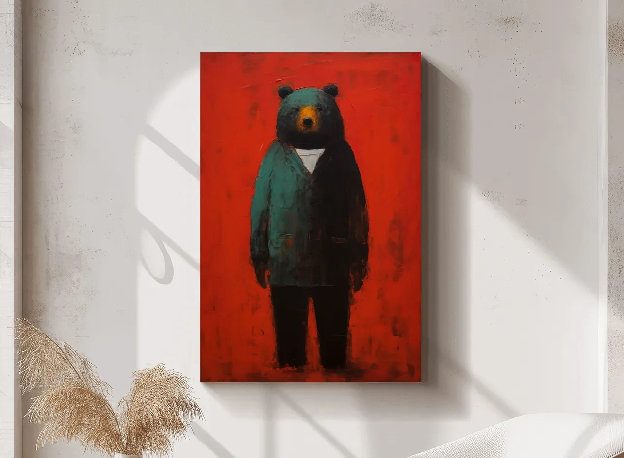 Moody Bear Wearing Suit Portrait Painting - Expressive Wildlife Wall Art