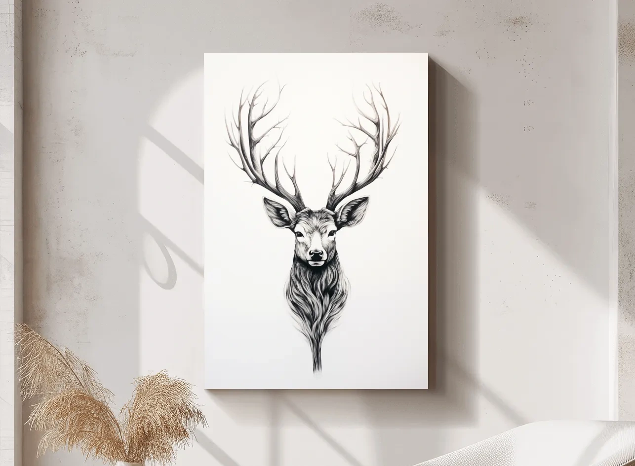 Minimalist Stag Head Line Drawing - Black And White Deer Tattoo  Artwork