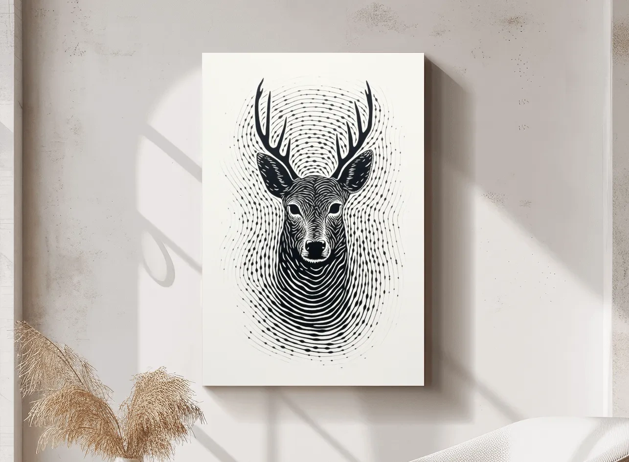 Psychedelic Deer Head Fingerprint Line Art - Black And White Wildlife Wall Art