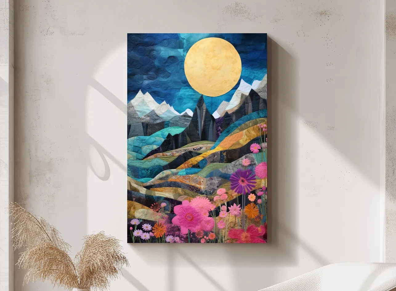 Quilted Wildflower Mountain Landscape - Colorful Patchwork Textile Style Wall Art
