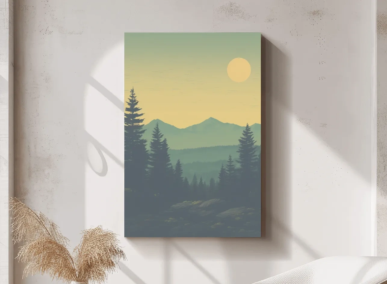 Minimalist Hazy Mountain Sunrise Landscape - Serene Alpine Forest Wall Art
