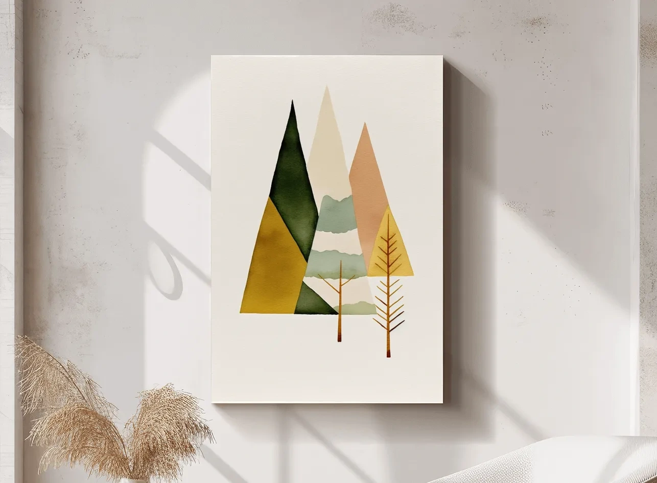 Minimalist Scandinavian Geometric Mountains - Modern Watercolor Forest Landscape Wall Art