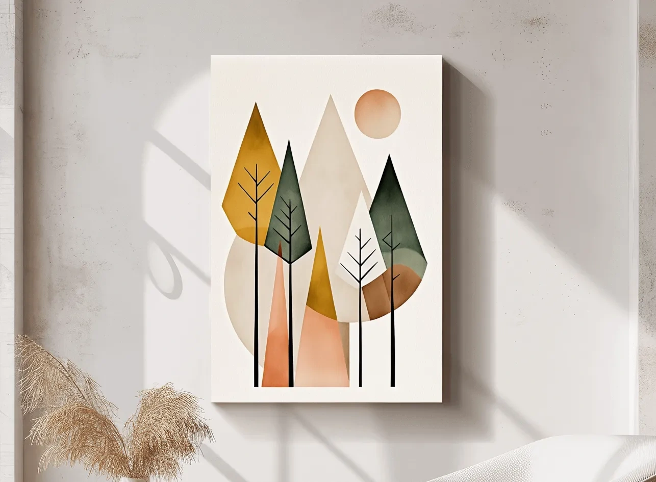 Minimalist Geometric Mountain Forest Artwork - Scandinavian Boho Wall Art