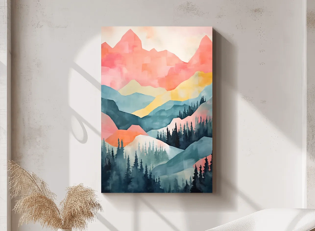 Abstract Watercolor Mountain Sunrise Landscape - Pastel Alpine Forest Wall Art