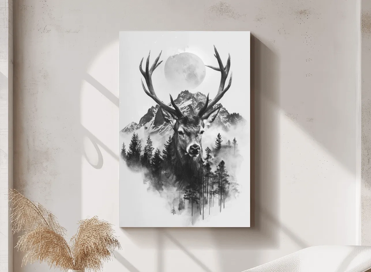 Monochrome Stag Glacier Moon Drawing - Double Exposure Wildlife Wall Art
