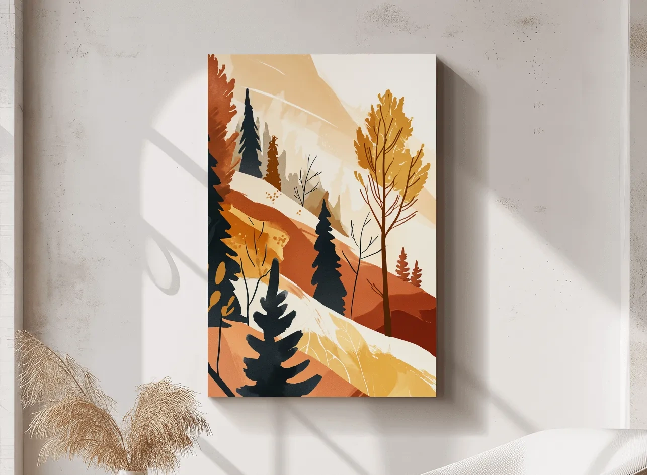 Forest and mountain artwork, bohemian style watercolour print