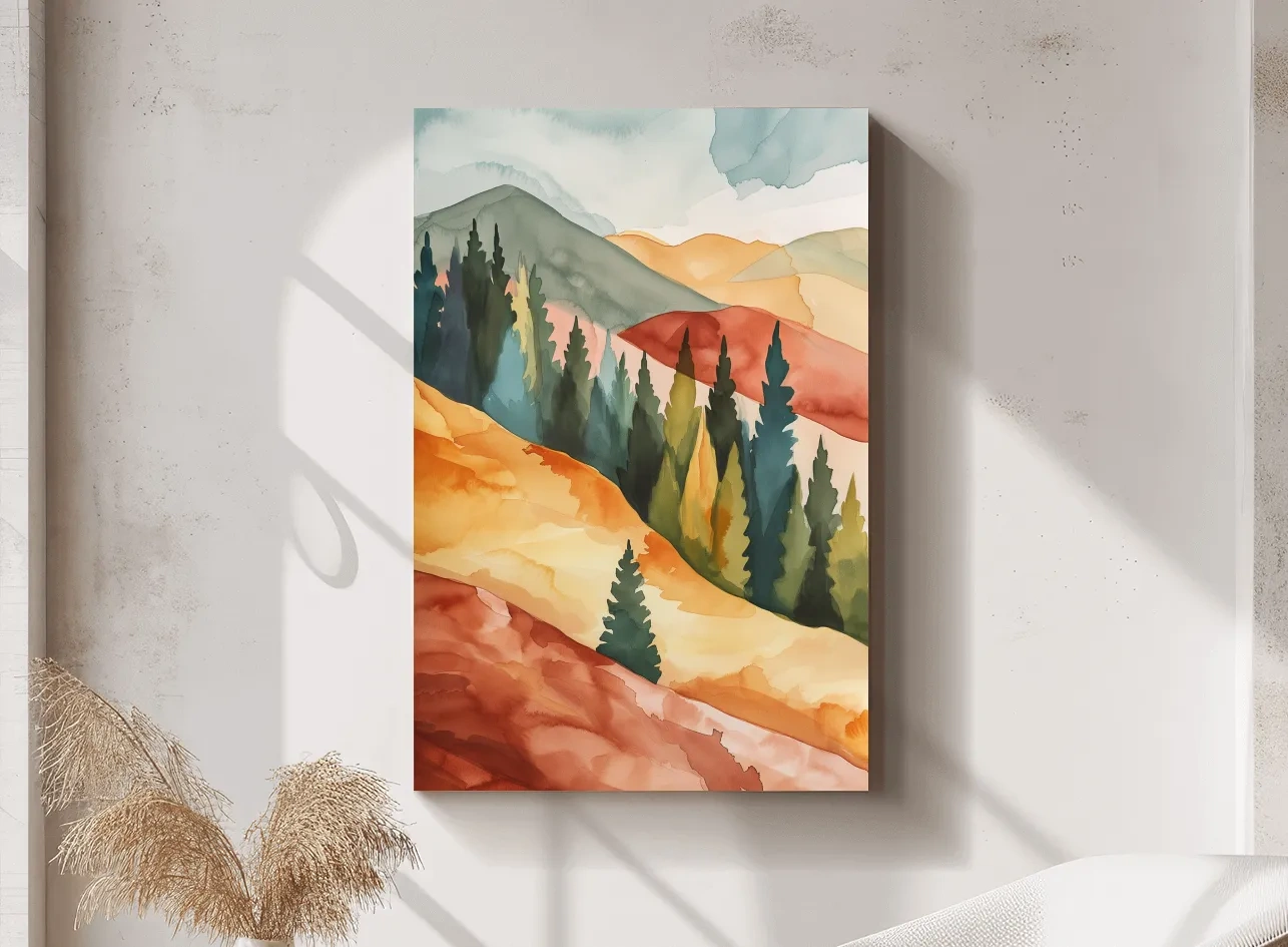 Rustic Autumn Watercolor Mountains & Pine Forest - Serene Abstract Landscape Wall Art