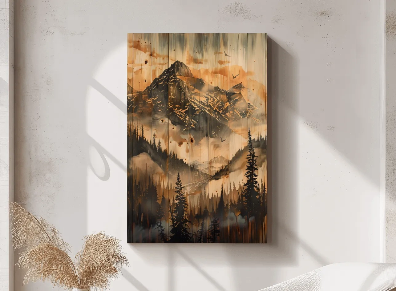 Rustic Woodgrain Mountain Landscape Painting - Sepia Misty Pine Forest Wall Art