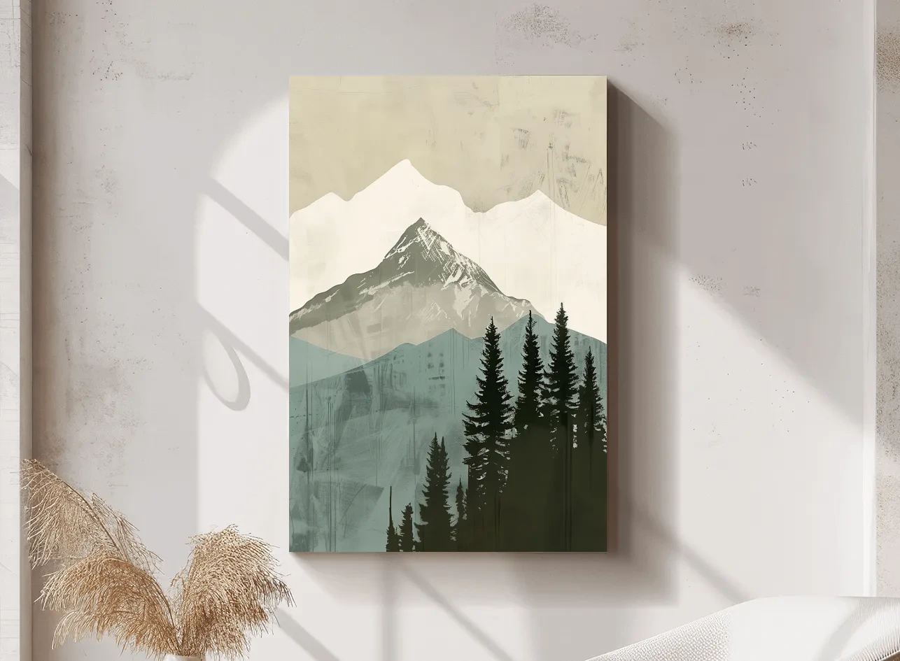 Scandinavian Mountain Peak And Pine Forest Artwork - Minimalist Landscape Wall Art
