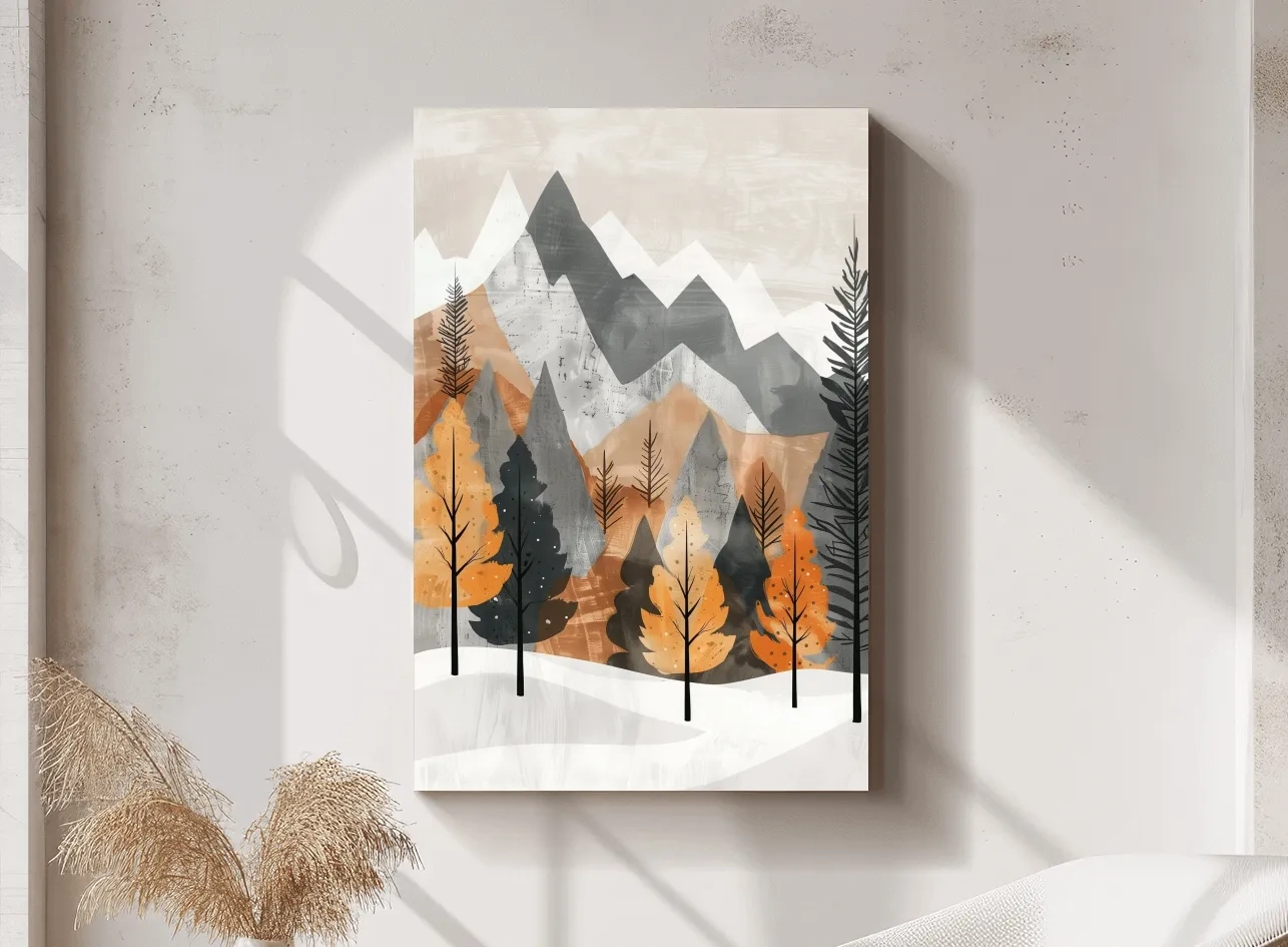 Scandinavian style forest artwork, alpine mountains in fall