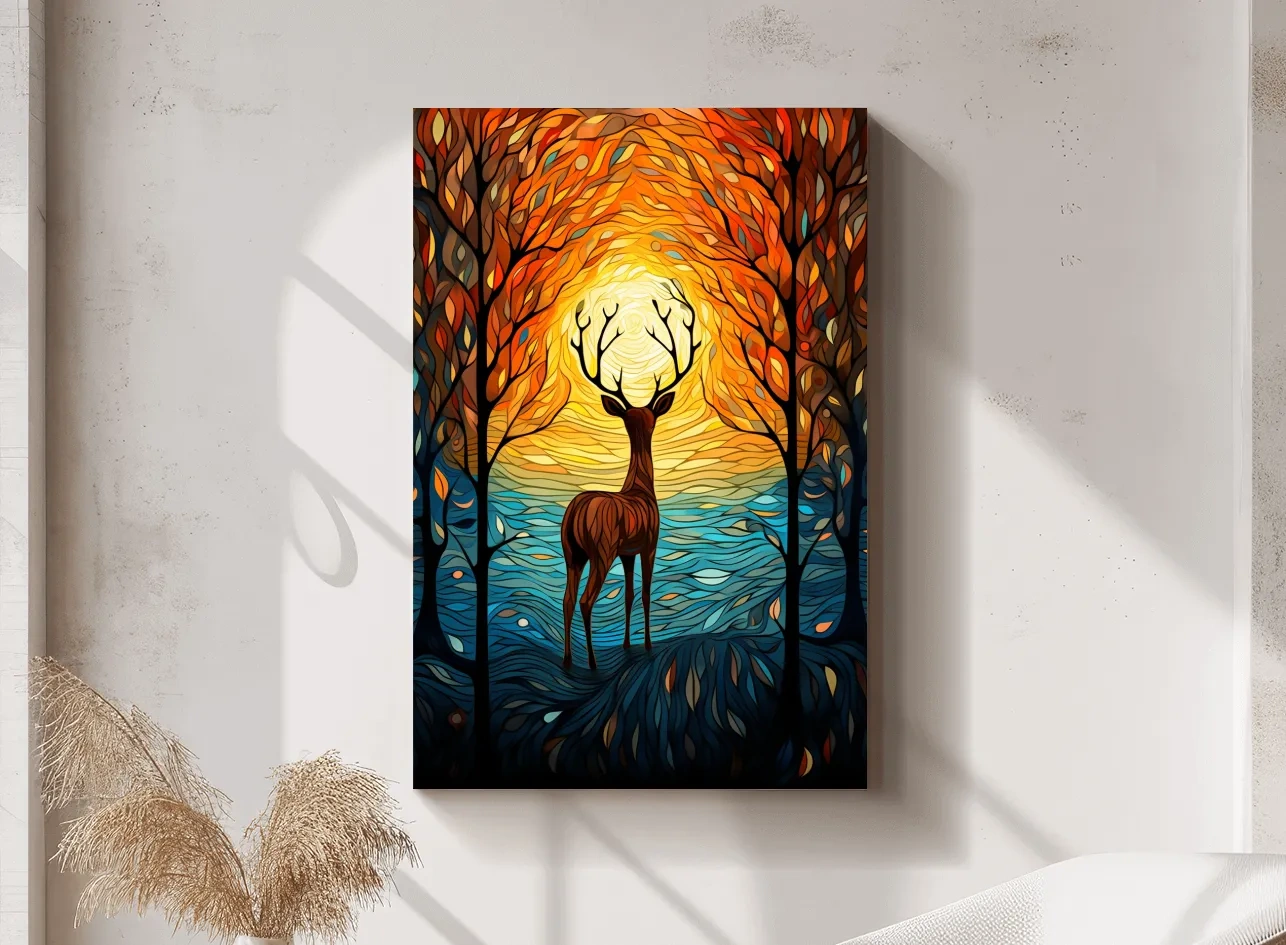 Glowing Autumn Forest Deer Silhouette - Vibrant Stained Glass Style Wall Art