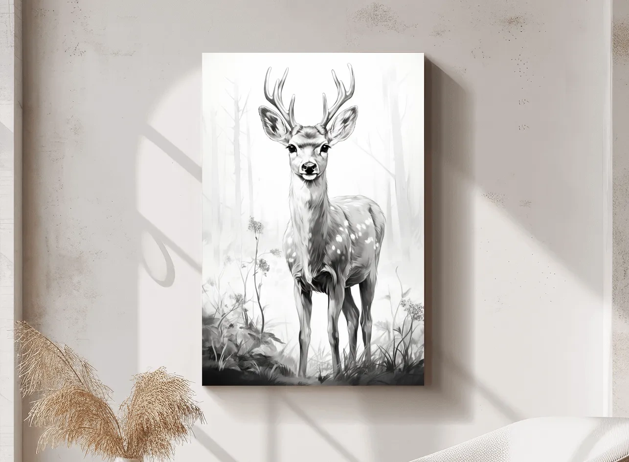 Minimalist Black And White Deer Sketch - Woodland Wildlife Wall Art