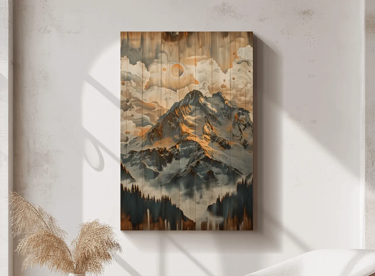 Rustic Glacier Mountain Range Artwork - Vintage Wood Grain Alpine Wall Art