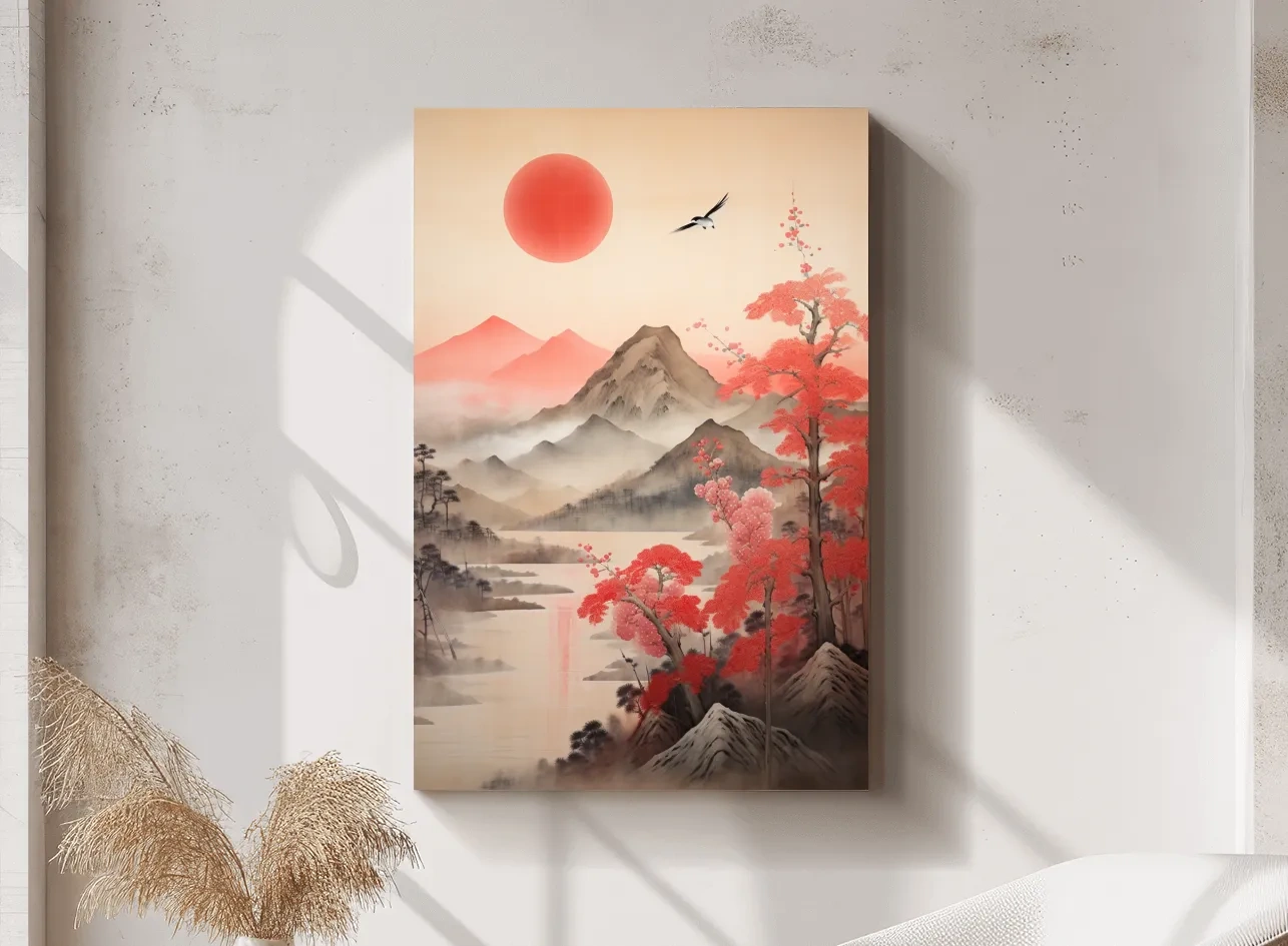 Japanese Ink Wash Mountain Sunrise - Sakura Cherry Blossom Wall Art